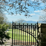Wrought iron automatic gate with scenic view of Fort Worth countryside
