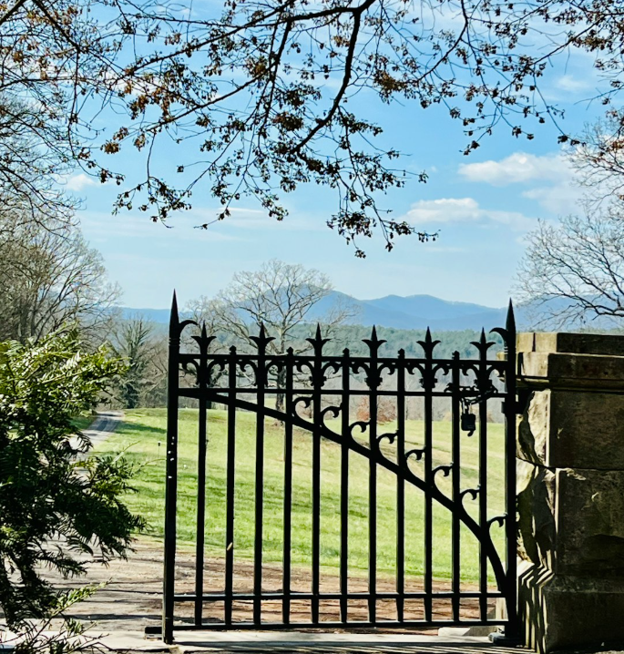 Wrought iron automatic gate with scenic view of Fort Worth countryside