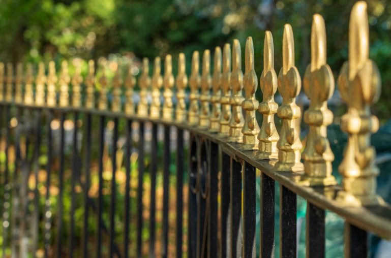 Decorative wrought iron fence with gold accents in a Fort Worth backyard.