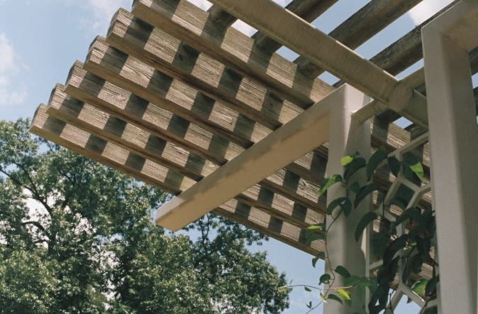 Wooden arbor with lattice detail and climbing plants in a Texas backyard.