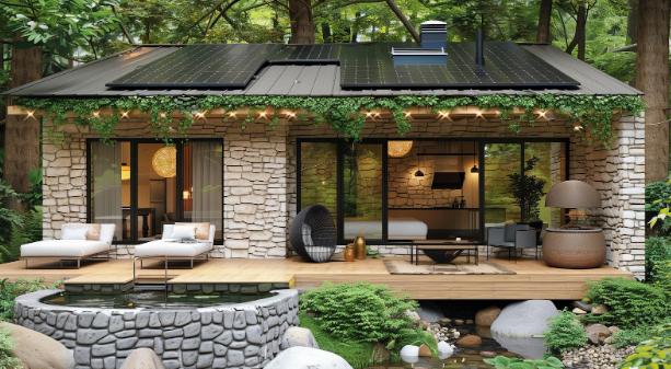 modern outdoor patio with deck, water feature, and lounge seating surrounded by greenery
