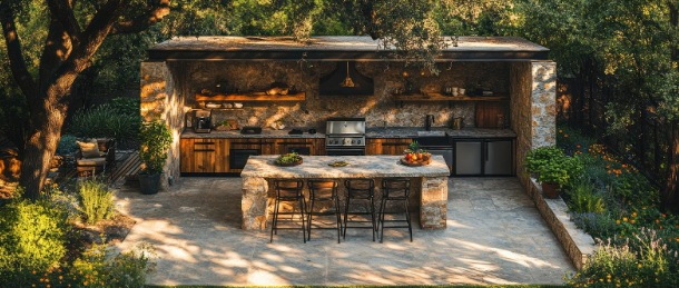 Hand-built outdoor kitchen with stone masonry and bar seating
