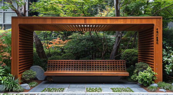 Modern custom arbor with built-in seating in a landscaped garden