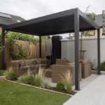 Modern backyard pergola design in Fort Worth with seating area and professional installation